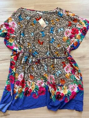 NWT Johnny Was Fleur Kaftan Dress 2X Braided Tie Belt Cheetah Print Butterfly